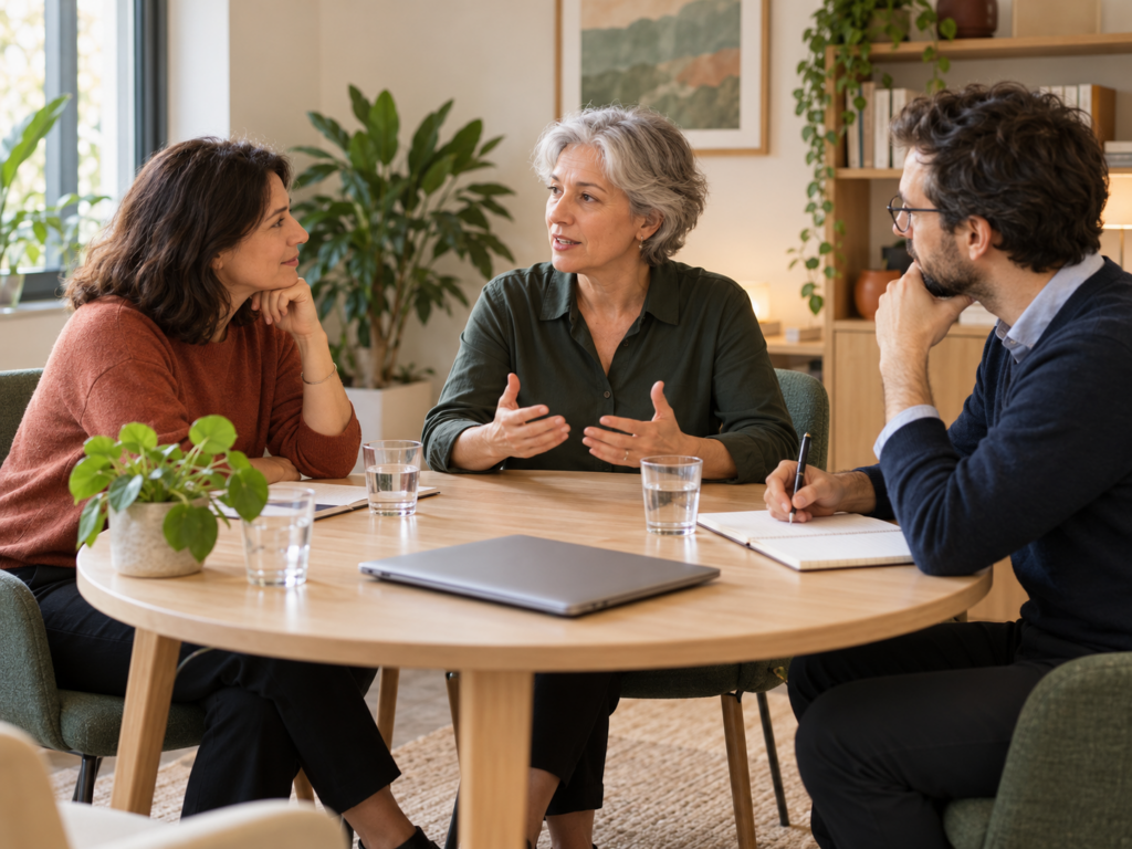Trois professionnels échangent autour d’une table